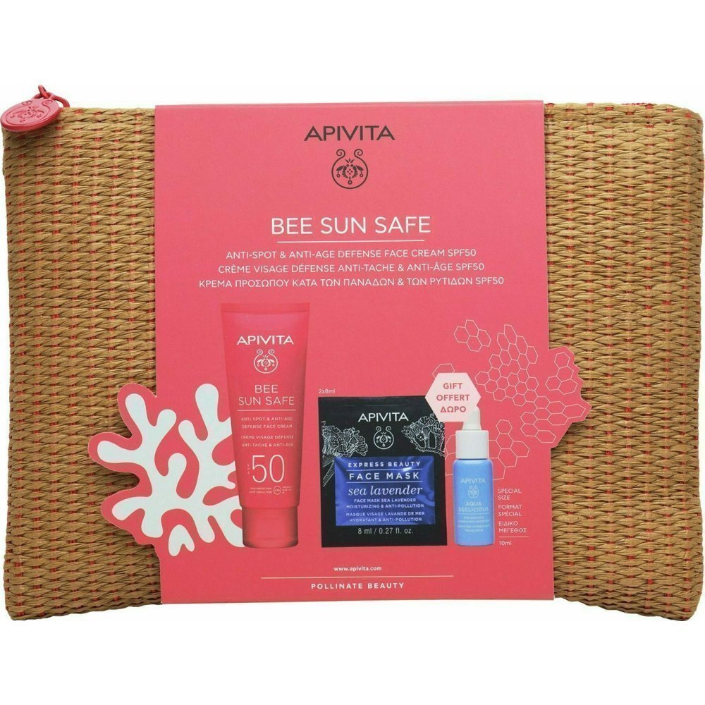 Apivita-Bee-Sun-Safe-Anti-Spot-Set-1 Apivita Bee Sun Safe Anti Spot Anti Age Defence Face Cream SPF50 50ml, Aqua Beelicious Refresing Hydrating Booster 10ml,Express Beauty Face Mask Sea Lavender 2x8ml & Ψάθινο Νεσεσέρ - Image 1